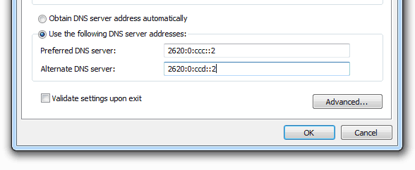 OpenDNS Settings IPv6