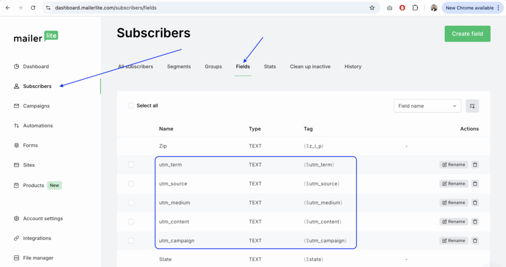 mailer-lite-subscribers-utm-fields